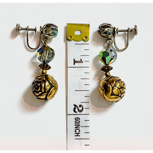 Vintage Gold-Tone Rose Bead Earrings Screw-On Dangle With Aurora Borealis Beads - Picture 3 of 4